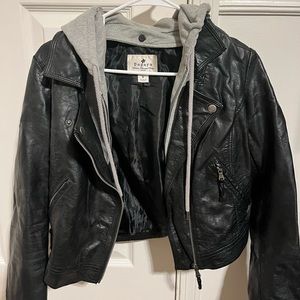 Faux Leather Layered Hooded Jacket